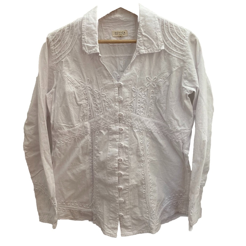 Novica Lightweight Embroidered Summer Jacket Womens Medium White Button Up